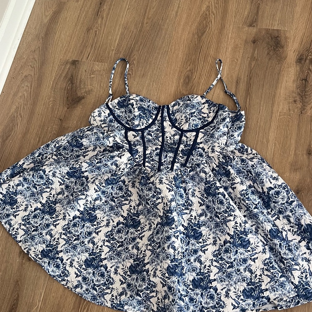 Blue and White Sleeveless Bustier Midi Dress